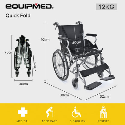 EQUIPMED 20 Inch Folding Wheelchair Lightweight Aluminium Portable with Park Brakes, Black V219-HECWLCEQB2BK