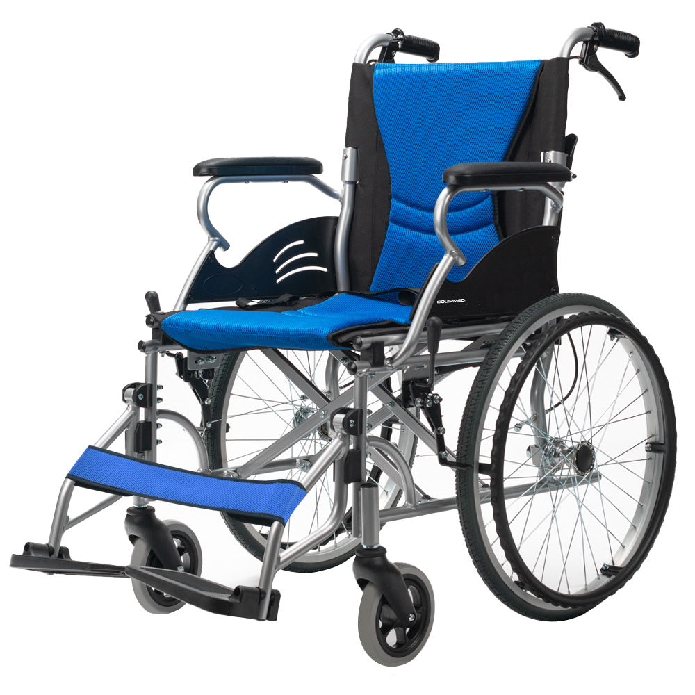 EQUIPMED Folding Aluminium Wheelchair, 20" Wheels, Park Brakes, 100kg Capacity, Blue V219-HECWLCEQB2BL