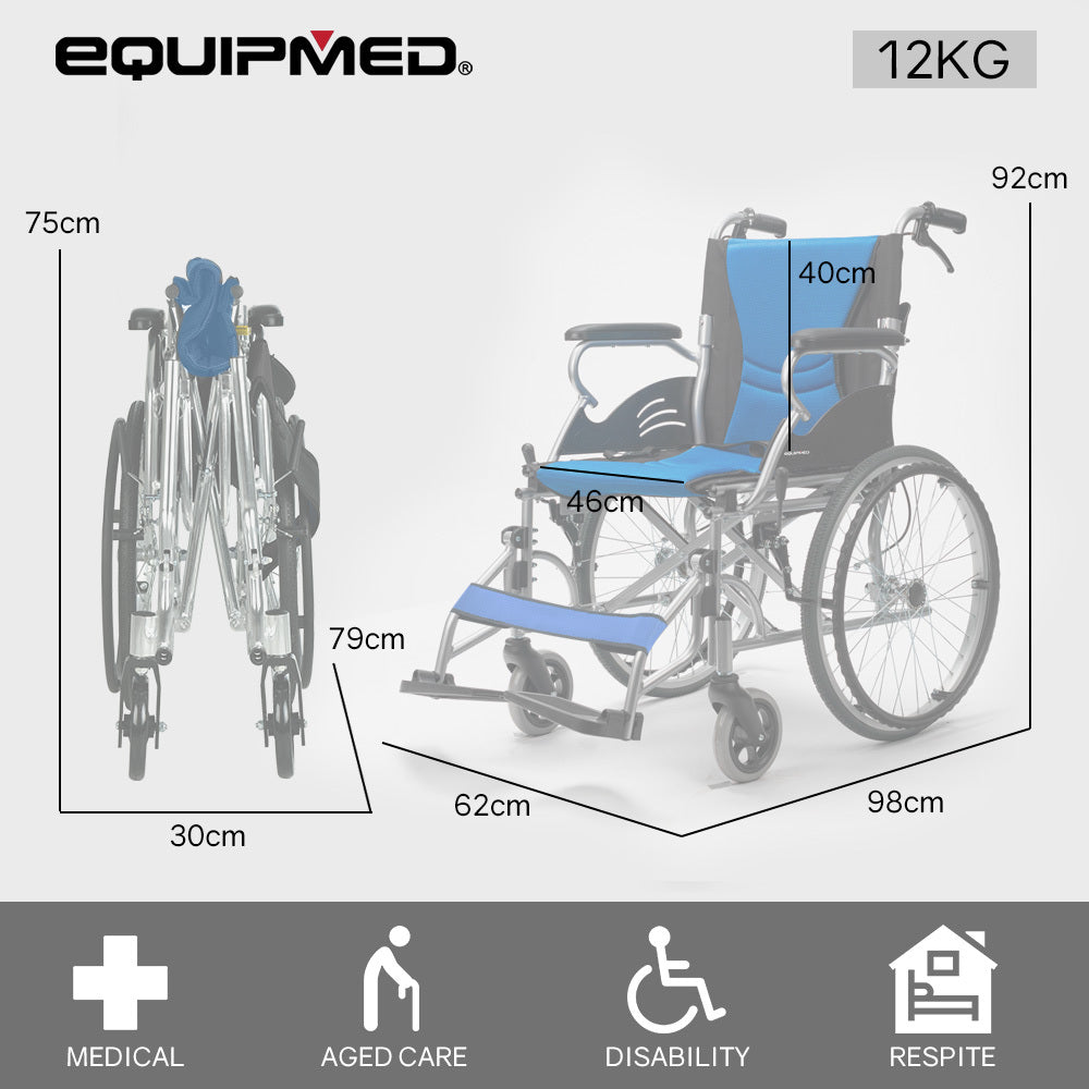 EQUIPMED Folding Aluminium Wheelchair, 20" Wheels, Park Brakes, 100kg Capacity, Blue V219-HECWLCEQB2BL