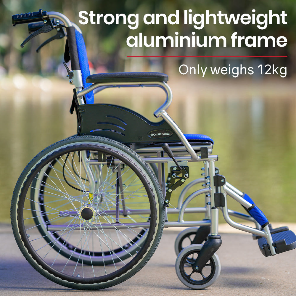 EQUIPMED Folding Aluminium Wheelchair, 20" Wheels, Park Brakes, 100kg Capacity, Blue V219-HECWLCEQB2BL
