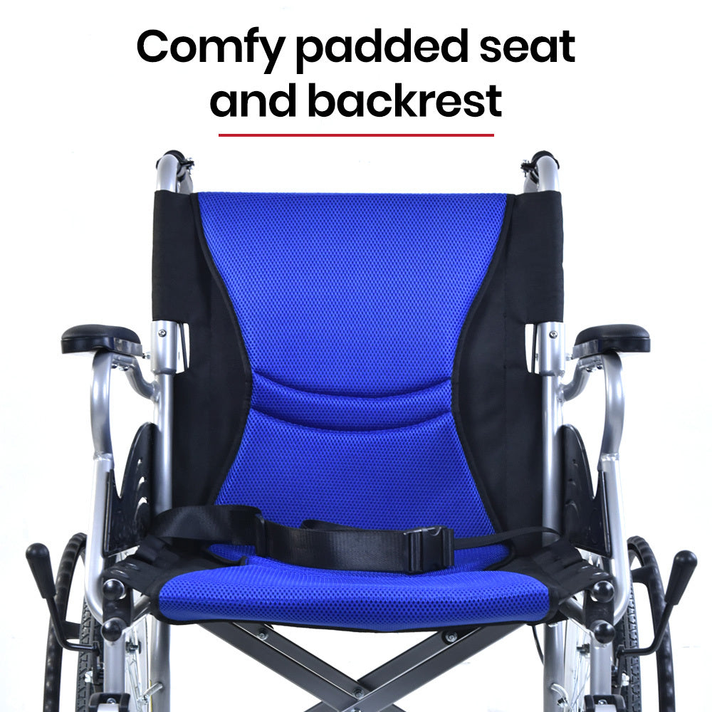 EQUIPMED Folding Aluminium Wheelchair, 20" Wheels, Park Brakes, 100kg Capacity, Blue V219-HECWLCEQB2BL