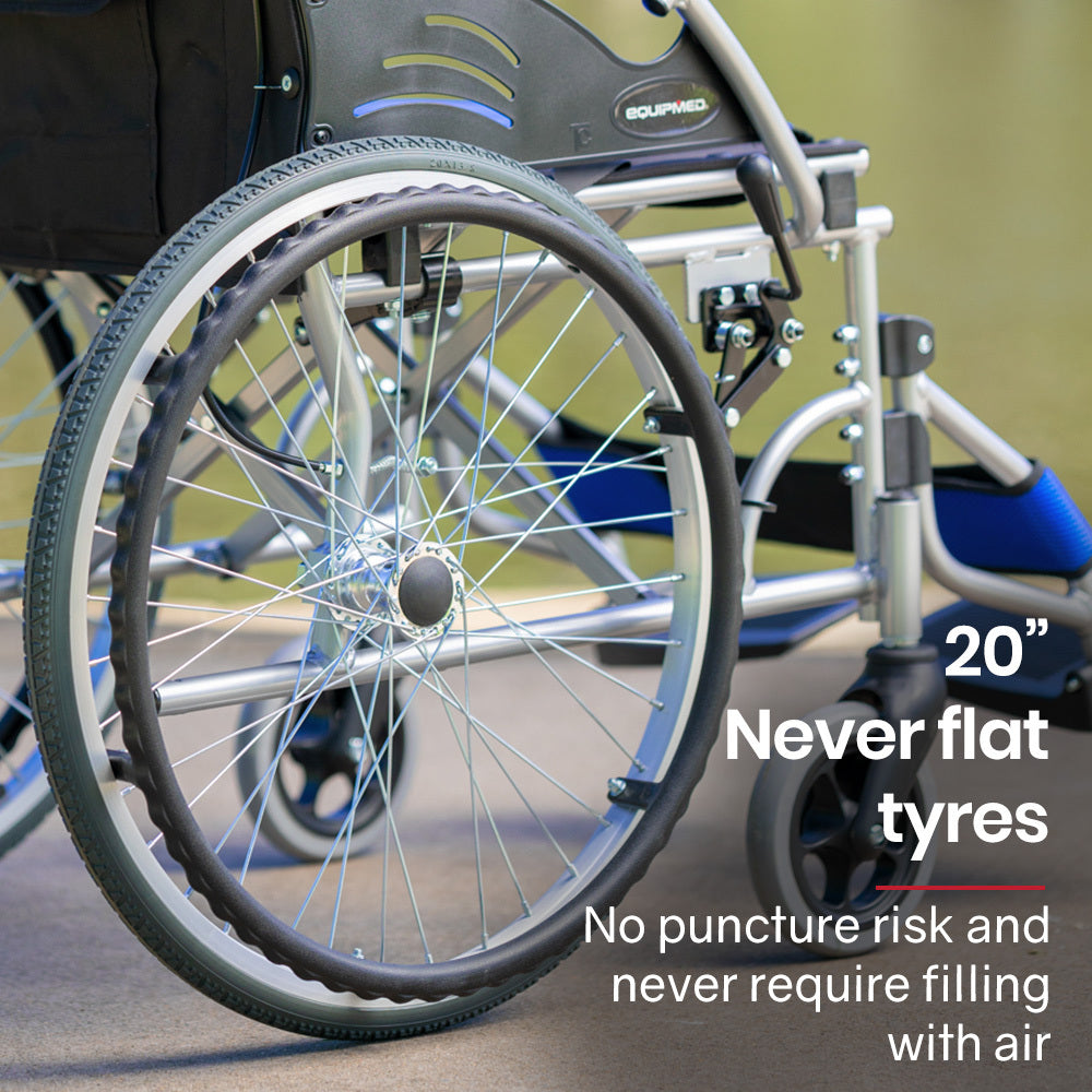 EQUIPMED Folding Aluminium Wheelchair, 20" Wheels, Park Brakes, 100kg Capacity, Blue V219-HECWLCEQB2BL