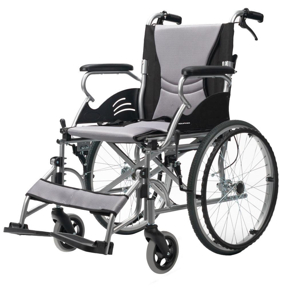 EQUIPMED Folding Aluminium Wheelchair, 20" Wheels, Park Brakes, 100kg Capacity, Grey/Black V219-HECWLCEQB2GY