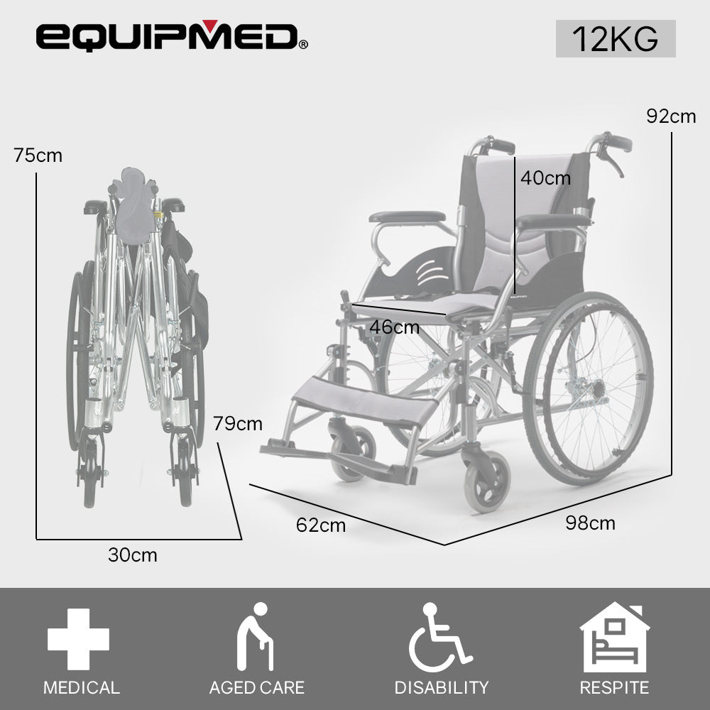 EQUIPMED Folding Aluminium Wheelchair, 20" Wheels, Park Brakes, 100kg Capacity, Grey/Black V219-HECWLCEQB2GY