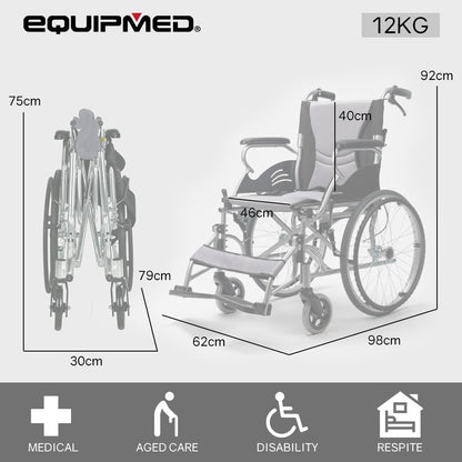 EQUIPMED Folding Aluminium Wheelchair, 20" Wheels, Park Brakes, 100kg Capacity, Grey/Black V219-HECWLCEQB2GY