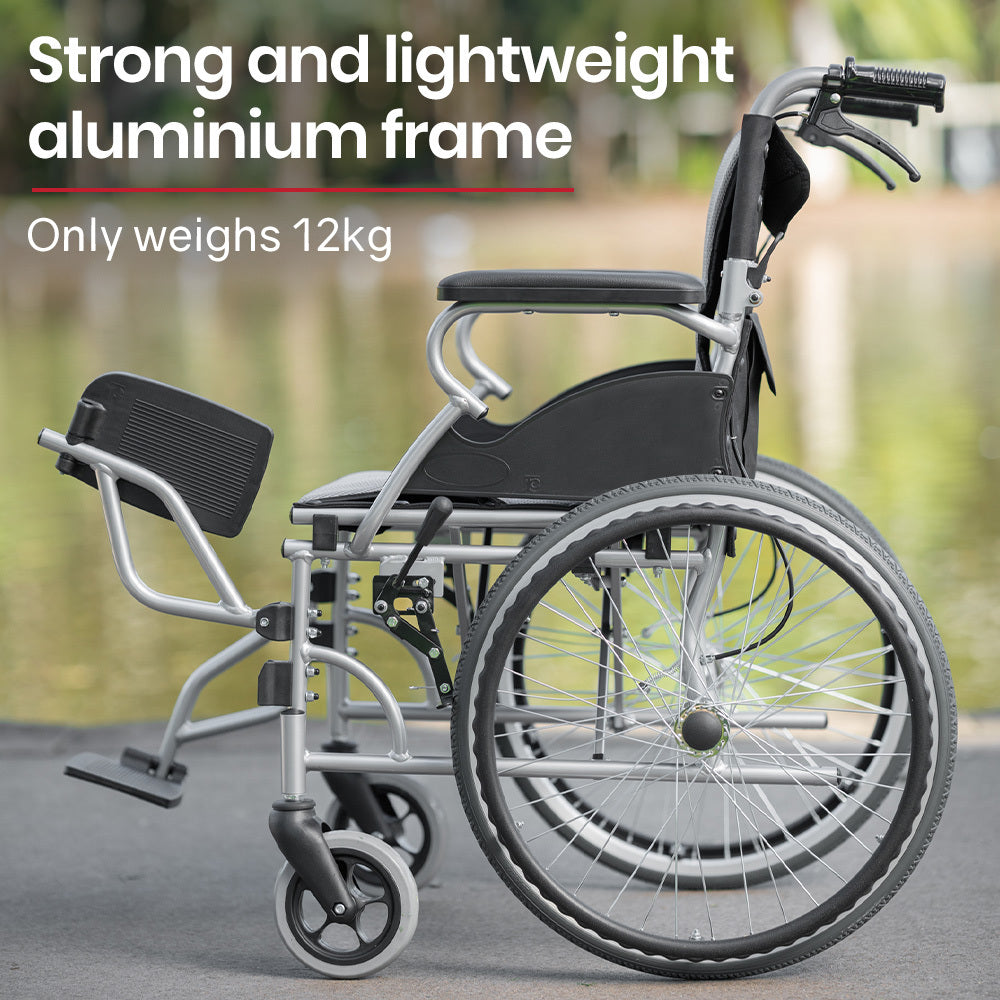EQUIPMED Folding Aluminium Wheelchair, 20" Wheels, Park Brakes, 100kg Capacity, Grey/Black V219-HECWLCEQB2GY