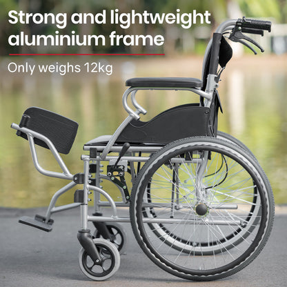 EQUIPMED Folding Aluminium Wheelchair, 20" Wheels, Park Brakes, 100kg Capacity, Grey/Black V219-HECWLCEQB2GY