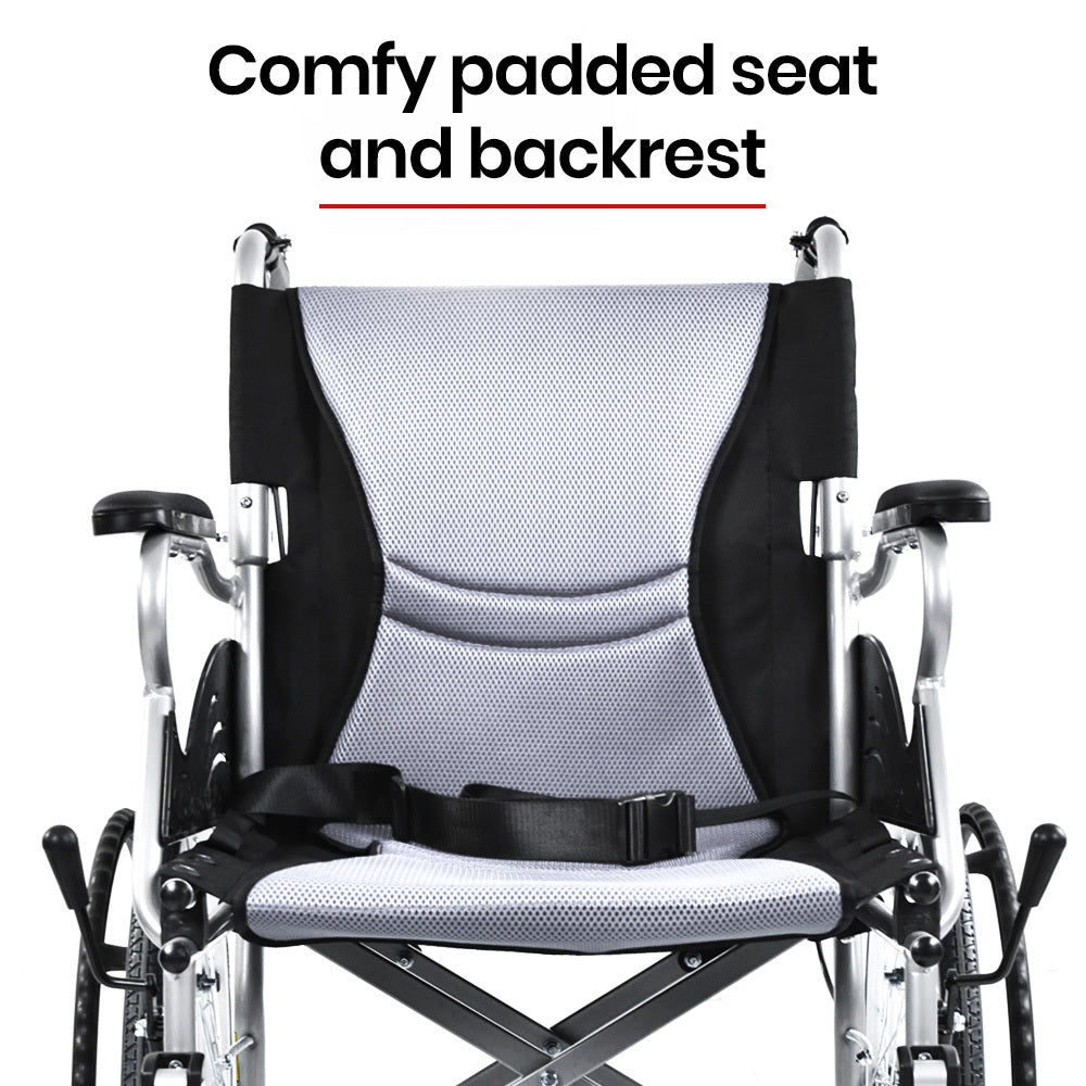 EQUIPMED Folding Aluminium Wheelchair, 20" Wheels, Park Brakes, 100kg Capacity, Grey/Black V219-HECWLCEQB2GY
