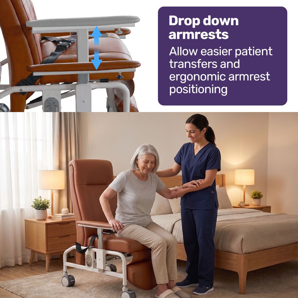 EQUIPMED Deluxe Mobile Geriatric Recliner Day Chair, Adjustable and Removable Meal Tray, Drop Down Armrests, Leatherette