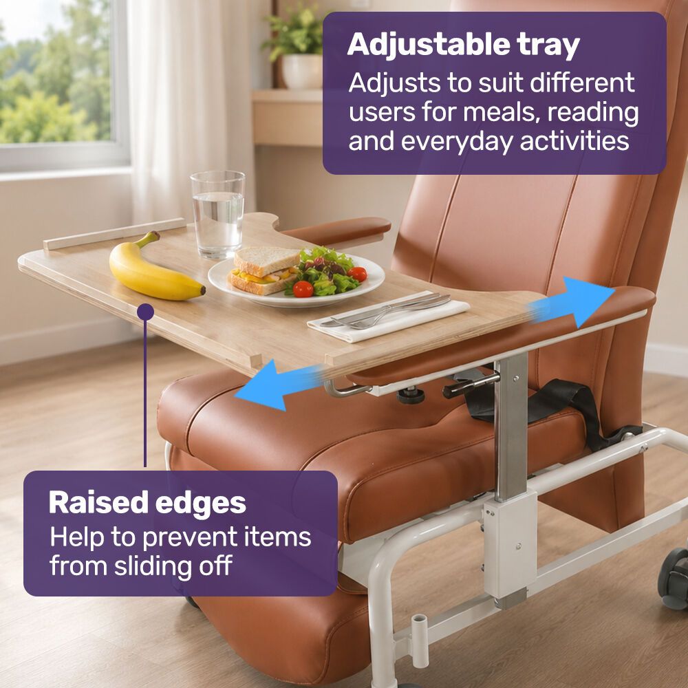 EQUIPMED Deluxe Mobile Geriatric Recliner Day Chair, Adjustable and Removable Meal Tray, Drop Down Armrests, Leatherette