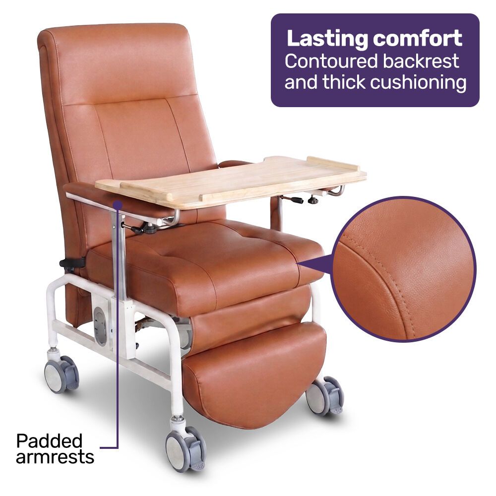 EQUIPMED Deluxe Mobile Geriatric Recliner Day Chair, Adjustable and Removable Meal Tray, Drop Down Armrests, Leatherette