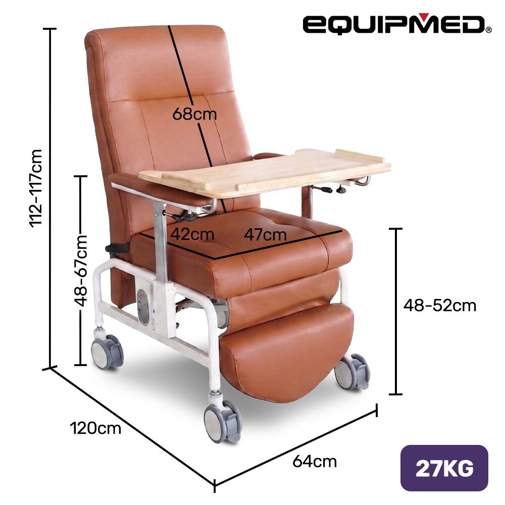 EQUIPMED Deluxe Mobile Geriatric Recliner Day Chair, Adjustable and Removable Meal Tray, Drop Down Armrests, Leatherette