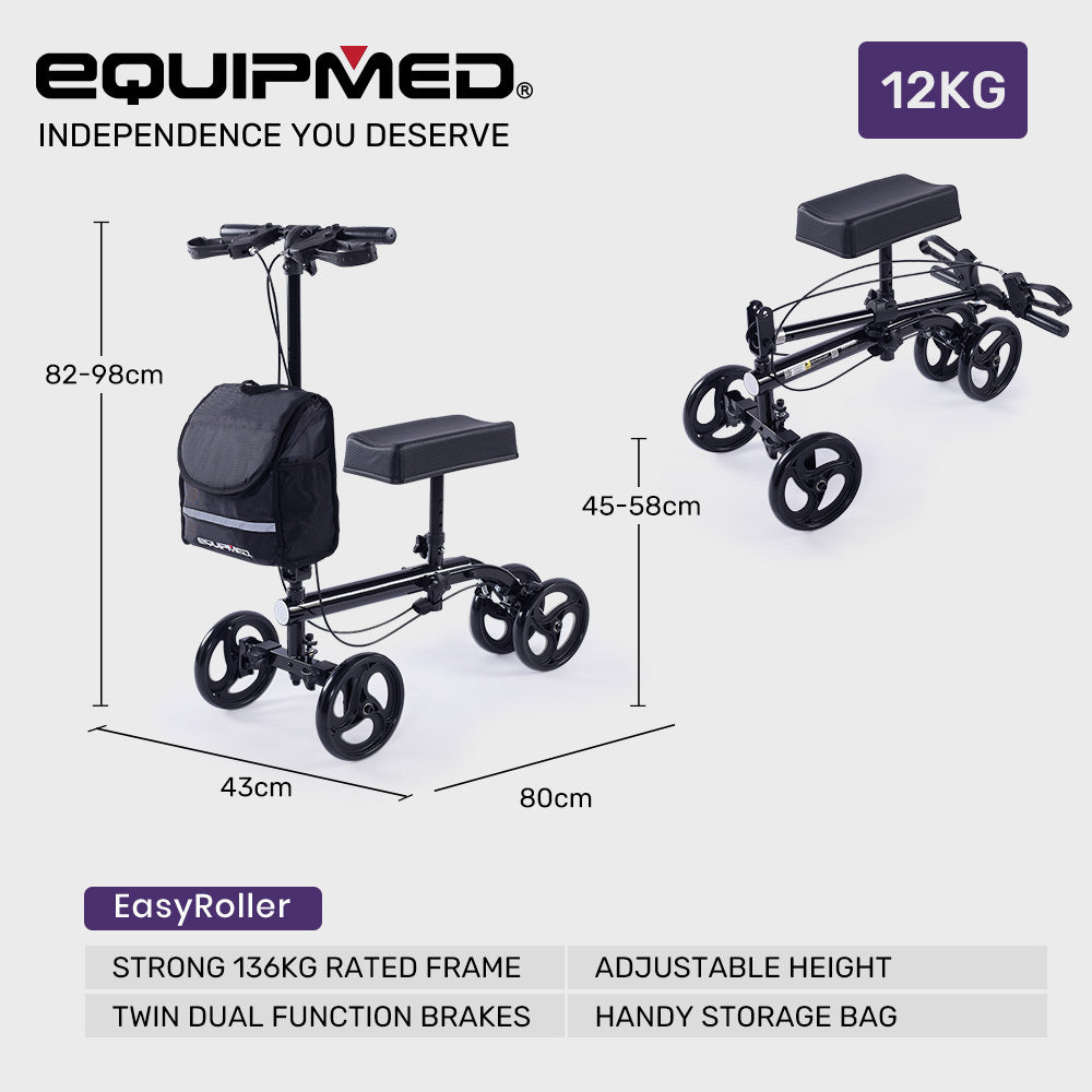 Equipmed Knee Scooter Walker, Dual Brakes - Bag - Broken Leg Ankle Foot Mobility - Crutches Alternative - V219-HELKNSEQS1KB