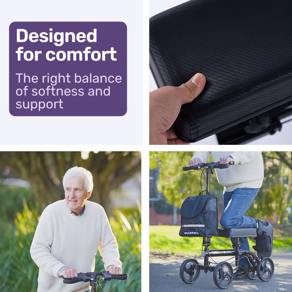 Equipmed Knee Scooter Walker, Dual Brakes - Bag - Broken Leg Ankle Foot Mobility - Crutches Alternative - V219-HELKNSEQS1KB