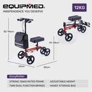 Equipmed Knee Scooter Walker, Dual Brakes - Bag - Broken Leg Ankle Foot Mobility - Crutches Alternative - Red V219-HELKNSEQS1RB