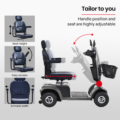 EQUIPMED Mobility Scooter, S-XXL comfortable size for all riders, 30km Max Range, 180kg capacity, Grey V219-HELMBUEQ5GYA