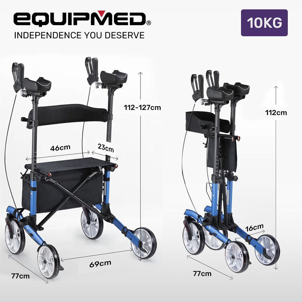 EQUIPMED Upright Rollator Walker with Forearm Support Rests, Mobilty Aid with Seat, Blue V219-HELRLTEQU5BA