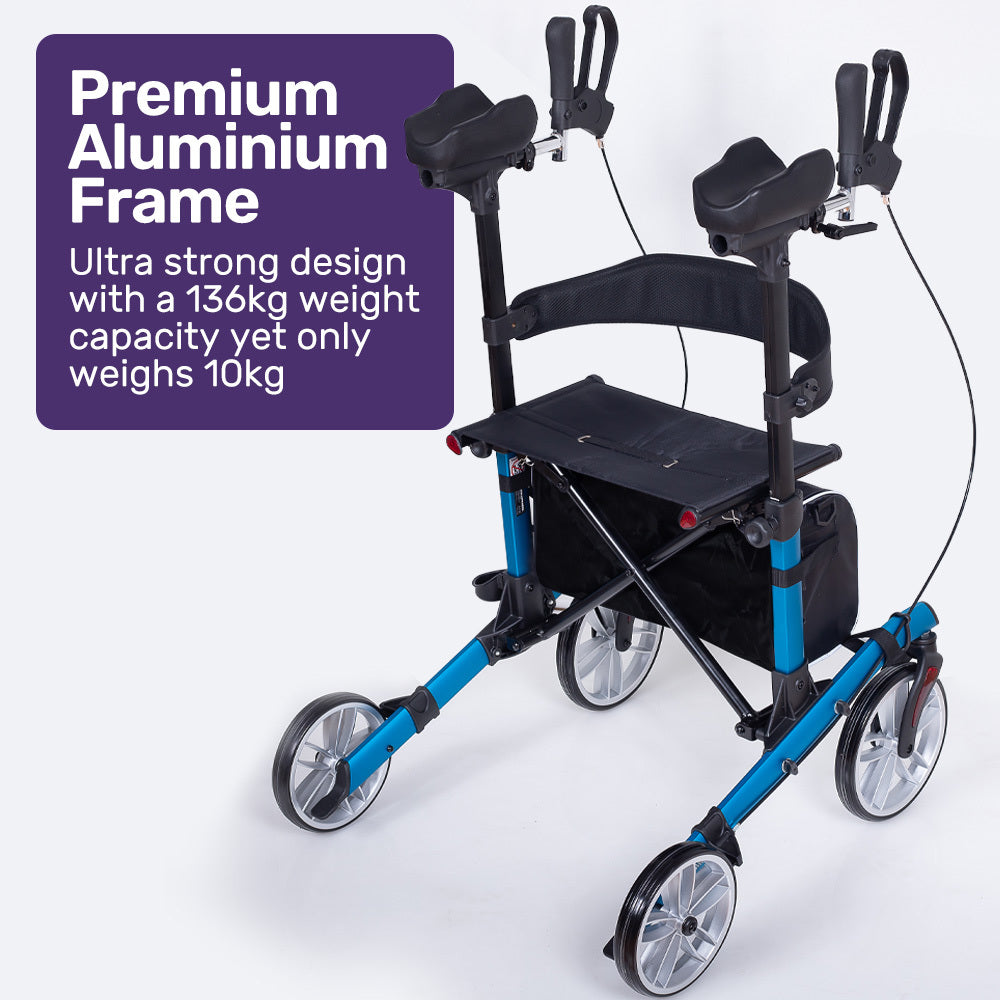 EQUIPMED Upright Rollator Walker with Forearm Support Rests, Mobilty Aid with Seat, Blue V219-HELRLTEQU5BA
