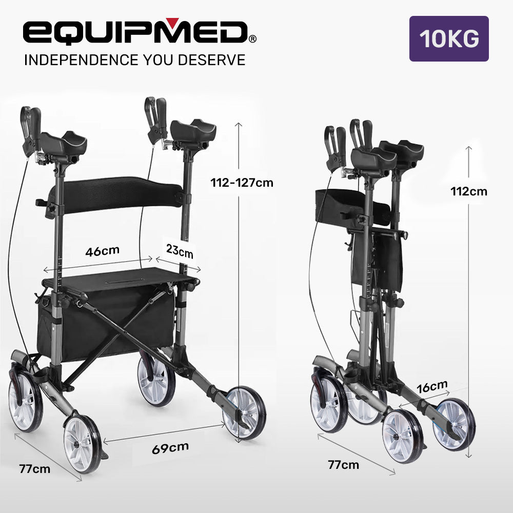 EQUIPMED Upright Rollator Walker with Forearm Rest Supports, Mobilty Aid with Seat, Grey V219-HELRLTEQU5GA