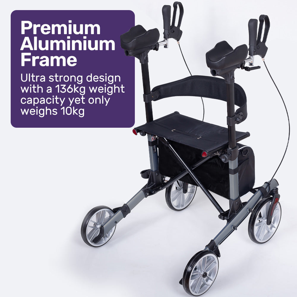 EQUIPMED Upright Rollator Walker with Forearm Rest Supports, Mobilty Aid with Seat, Grey V219-HELRLTEQU5GA