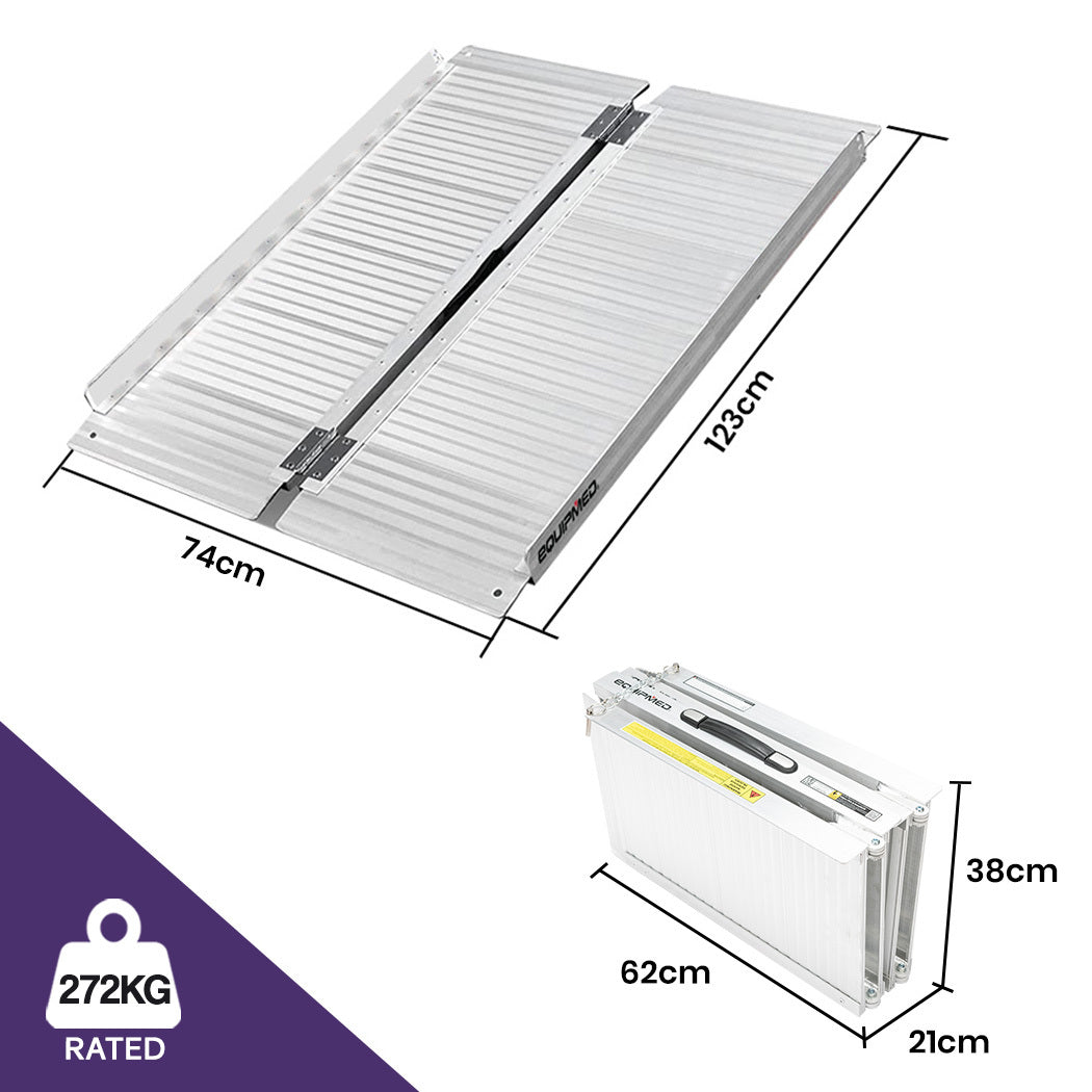 EQUIPMED 123cm Portable Folding Aluminium Access Ramp 272kg Rated, Silver, for Wheelchair, Mobility Scooter V219-HELRMPEQ13KA