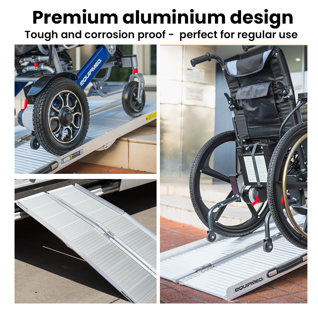 EQUIPMED 123cm Portable Folding Aluminium Access Ramp 272kg Rated, Silver, for Wheelchair, Mobility Scooter V219-HELRMPEQ13KA