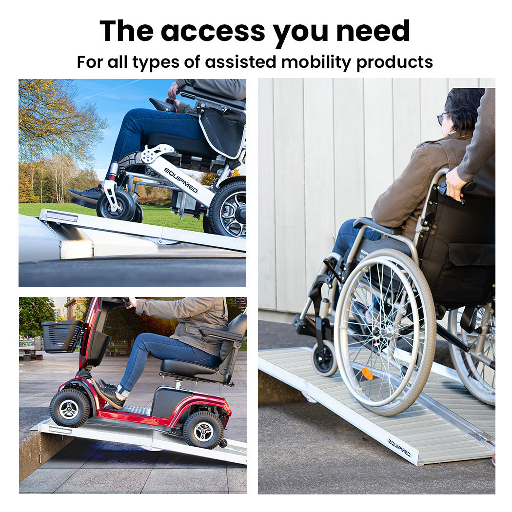 EQUIPMED 123cm Portable Folding Aluminium Access Ramp 272kg Rated, Silver, for Wheelchair, Mobility Scooter V219-HELRMPEQ13KA