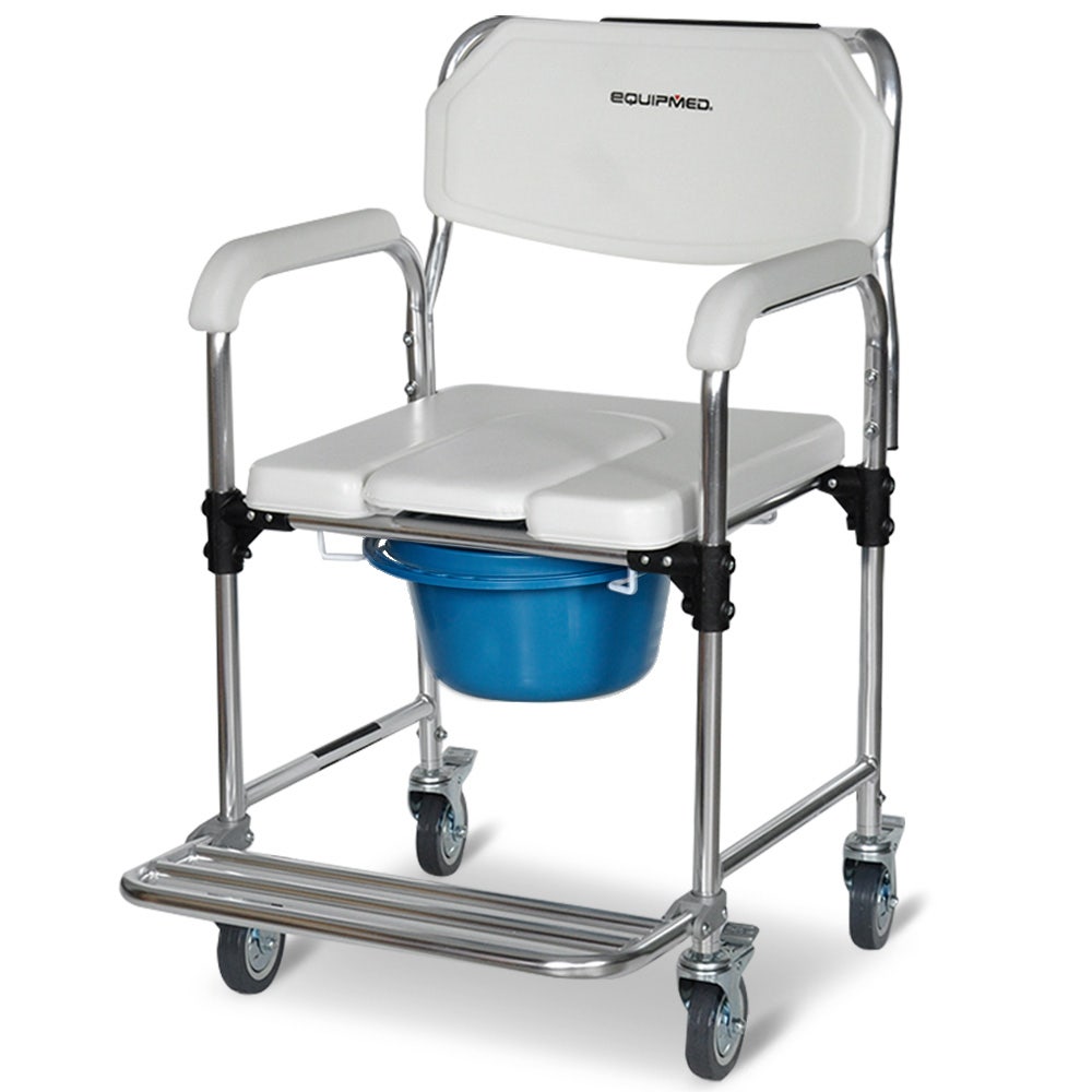 Equipmed Commode Shower Chair, Over Toilet or Bedside 136kg Capacity Aluminium frame with Wheels, White/Blue V219-HELSBSEQCC4A