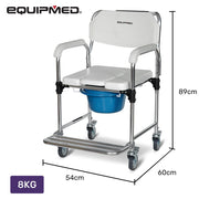 Equipmed Commode Shower Chair, Over Toilet or Bedside 136kg Capacity Aluminium frame with Wheels, White/Blue V219-HELSBSEQCC4A