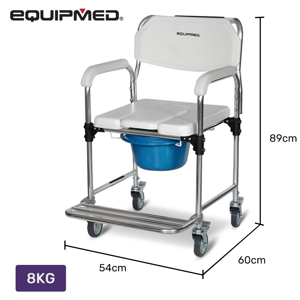 Equipmed Commode Shower Chair, Over Toilet or Bedside 136kg Capacity Aluminium frame with Wheels, White/Blue V219-HELSBSEQCC4A