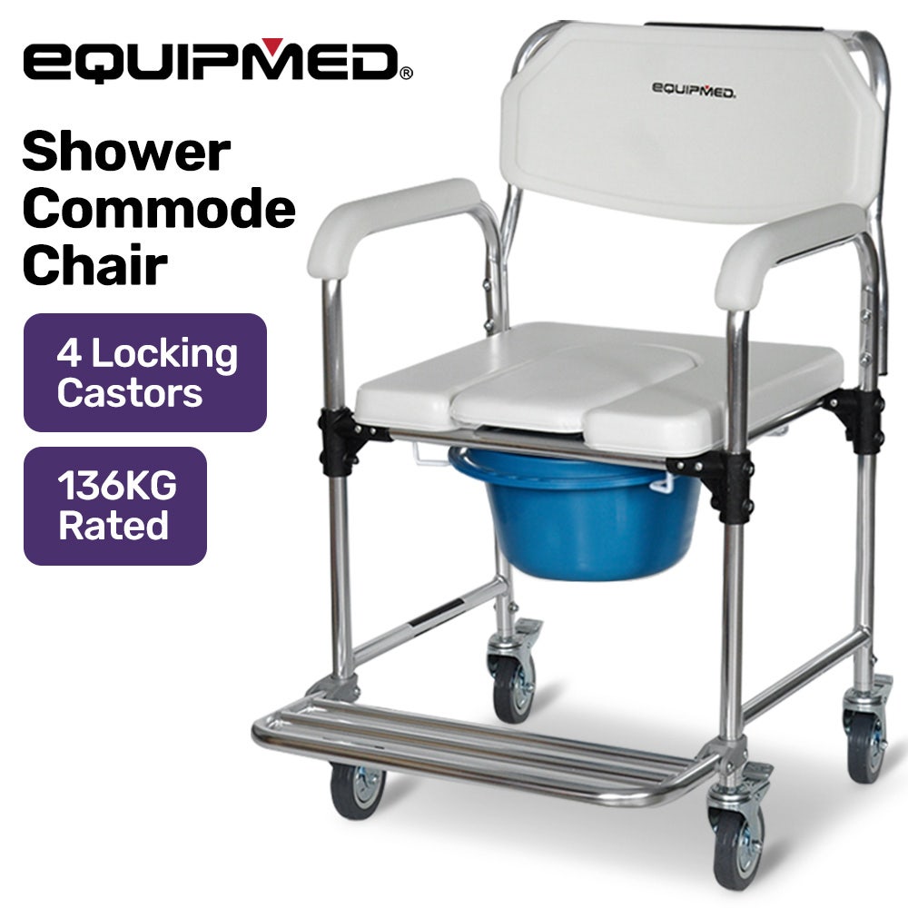 Equipmed Commode Shower Chair, Over Toilet or Bedside 136kg Capacity Aluminium frame with Wheels, White/Blue V219-HELSBSEQCC4A