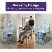 Equipmed Commode Shower Chair, Over Toilet or Bedside 136kg Capacity Aluminium frame with Wheels, White/Blue V219-HELSBSEQCC4A