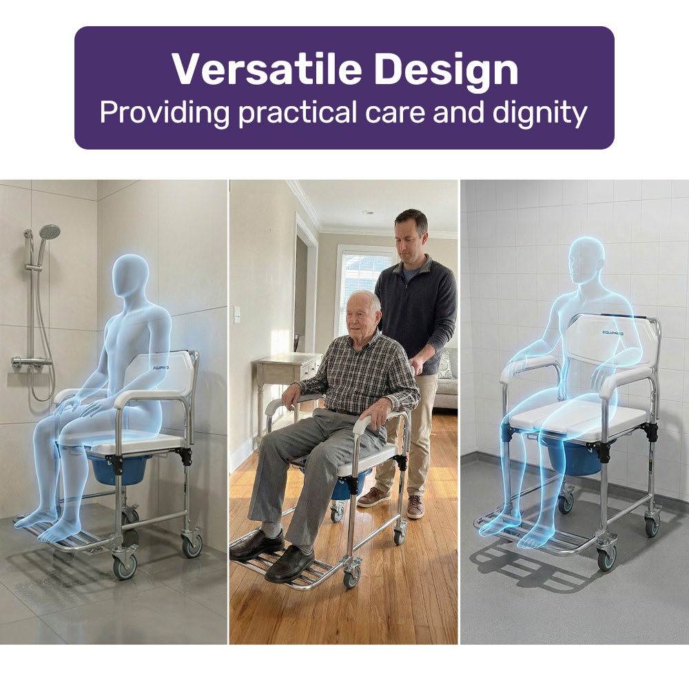 Equipmed Commode Shower Chair, Over Toilet or Bedside 136kg Capacity Aluminium frame with Wheels, White/Blue V219-HELSBSEQCC4A