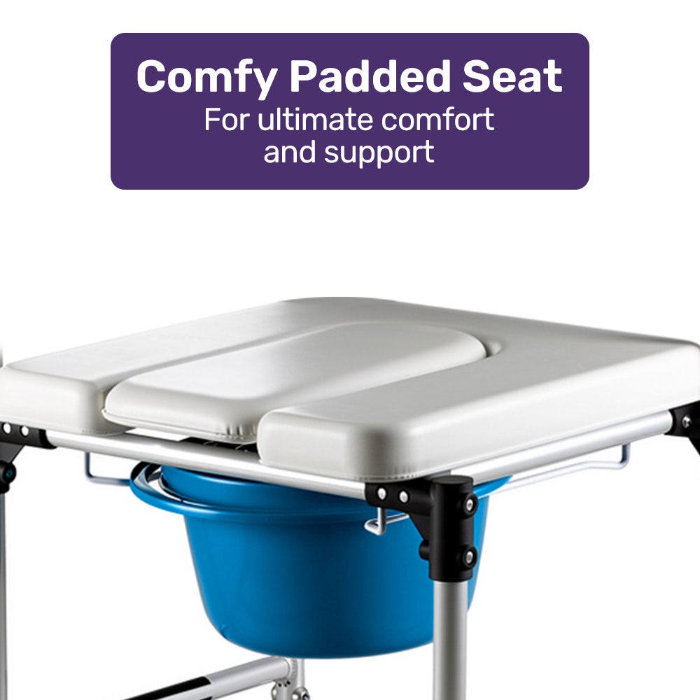 Equipmed Commode Shower Chair, Over Toilet or Bedside 136kg Capacity Aluminium frame with Wheels, White/Blue V219-HELSBSEQCC4A