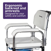 Equipmed Commode Shower Chair, Over Toilet or Bedside 136kg Capacity Aluminium frame with Wheels, White/Blue V219-HELSBSEQCC4A