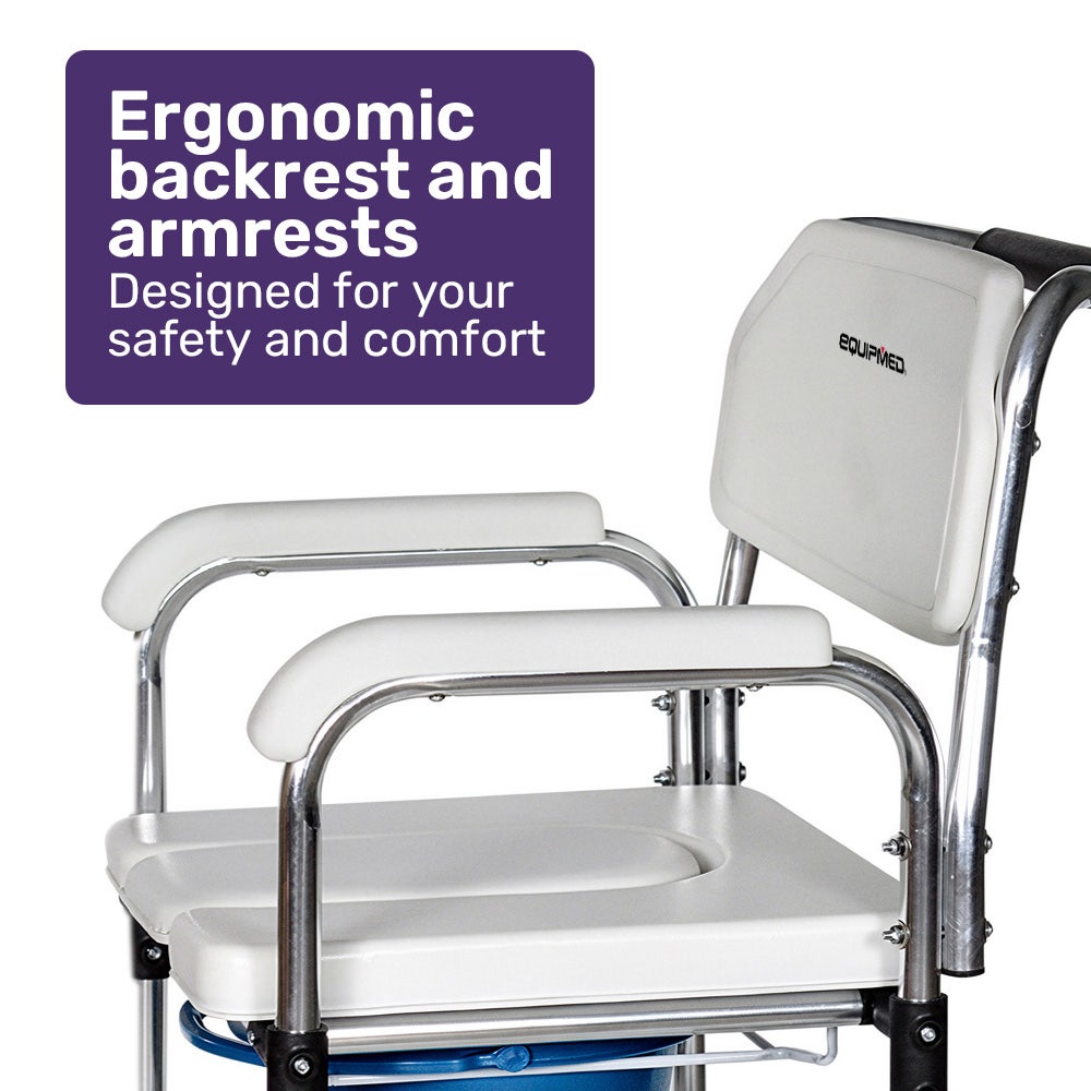 Equipmed Commode Shower Chair, Over Toilet or Bedside 136kg Capacity Aluminium frame with Wheels, White/Blue V219-HELSBSEQCC4A