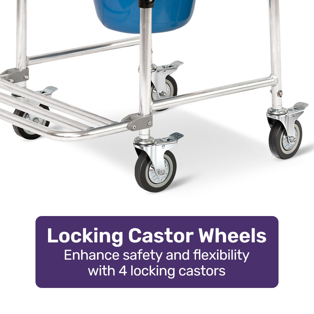 Equipmed Commode Shower Chair, Over Toilet or Bedside 136kg Capacity Aluminium frame with Wheels, White/Blue V219-HELSBSEQCC4A