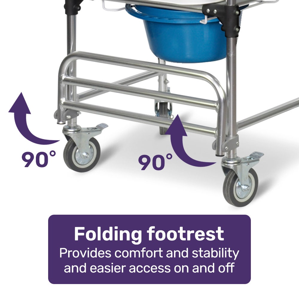 Equipmed Commode Shower Chair, Over Toilet or Bedside 136kg Capacity Aluminium frame with Wheels, White/Blue V219-HELSBSEQCC4A