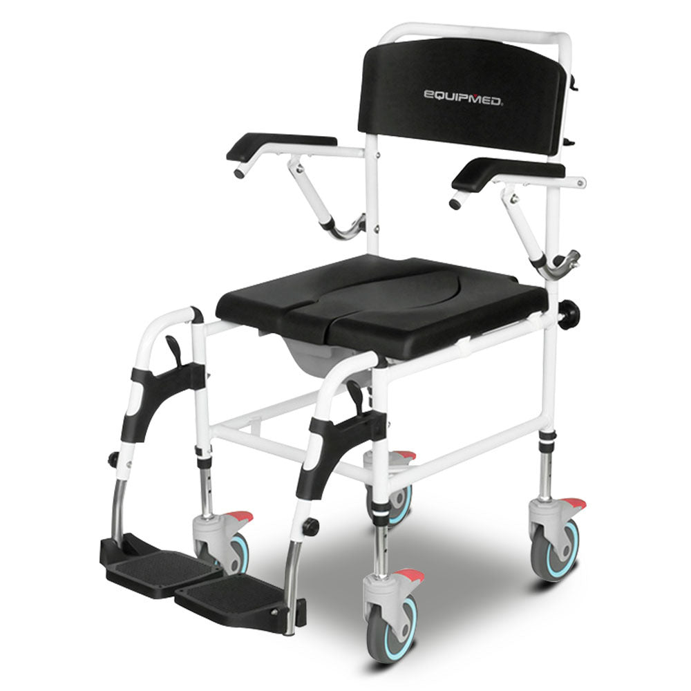 Equipmed Commode Shower Chair, Over Toilet or Bedside 136kg Capacity Aluminium frame with Wheels, Black V219-HELSBSEQCC5A