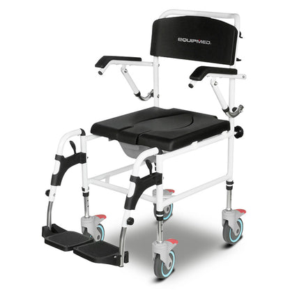 Equipmed Commode Shower Chair, Over Toilet or Bedside 136kg Capacity Aluminium frame with Wheels, Black V219-HELSBSEQCC5A
