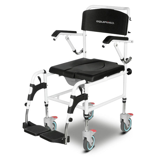 Equipmed Commode Shower Chair, Over Toilet or Bedside 136kg Capacity Aluminium frame with Wheels, Black V219-HELSBSEQCC5A