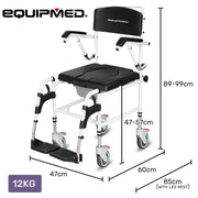 Equipmed Commode Shower Chair, Over Toilet or Bedside 136kg Capacity Aluminium frame with Wheels, Black V219-HELSBSEQCC5A