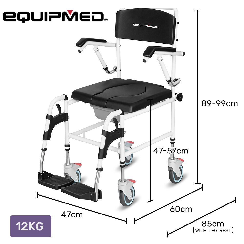 Equipmed Commode Shower Chair, Over Toilet or Bedside 136kg Capacity Aluminium frame with Wheels, Black V219-HELSBSEQCC5A