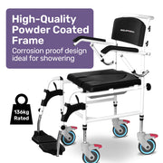 Equipmed Commode Shower Chair, Over Toilet or Bedside 136kg Capacity Aluminium frame with Wheels, Black V219-HELSBSEQCC5A