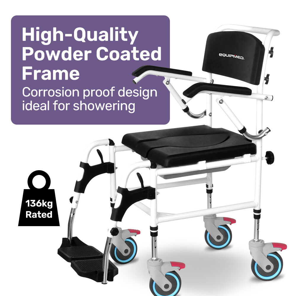 Equipmed Commode Shower Chair, Over Toilet or Bedside 136kg Capacity Aluminium frame with Wheels, Black V219-HELSBSEQCC5A