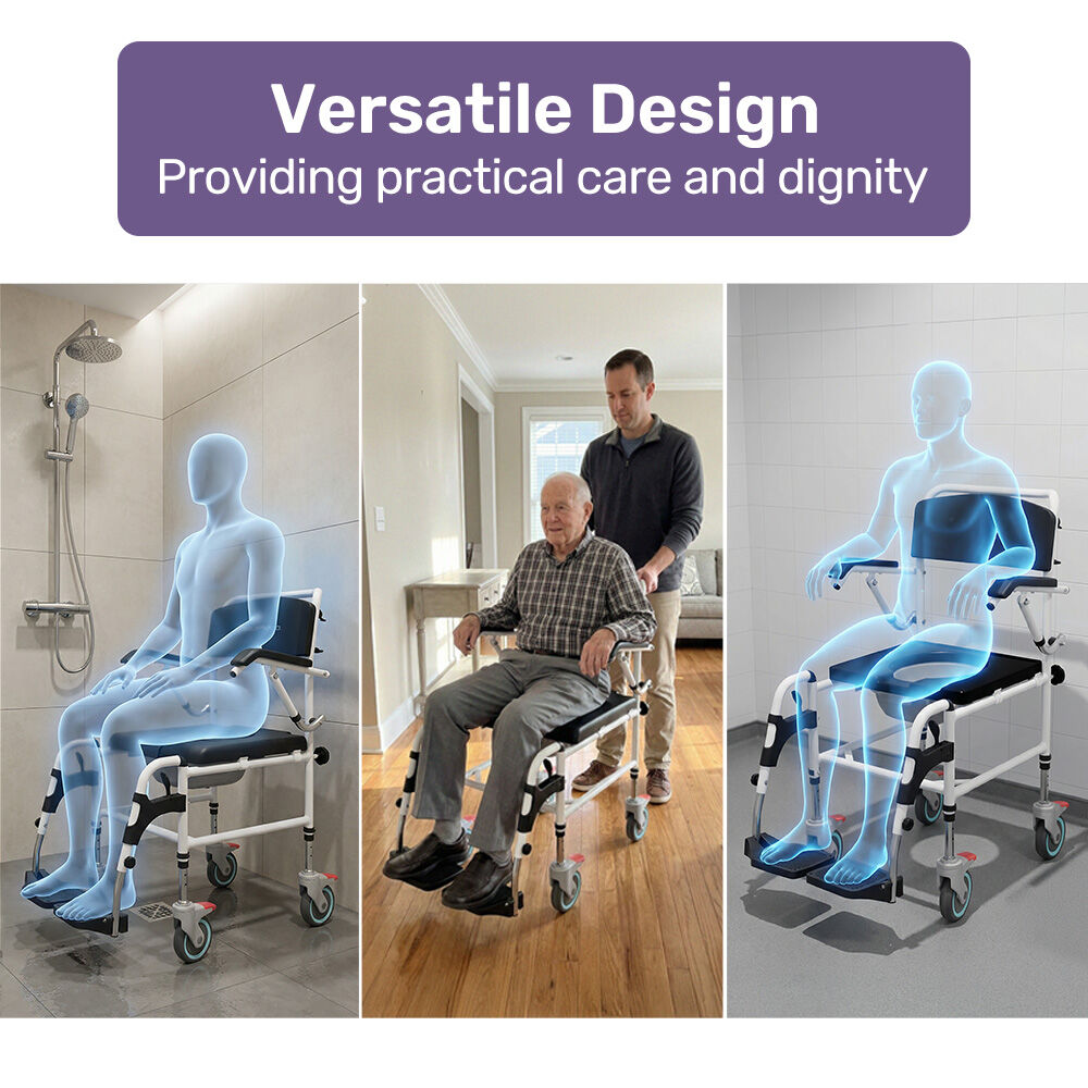 Equipmed Commode Shower Chair, Over Toilet or Bedside 136kg Capacity Aluminium frame with Wheels, Black V219-HELSBSEQCC5A