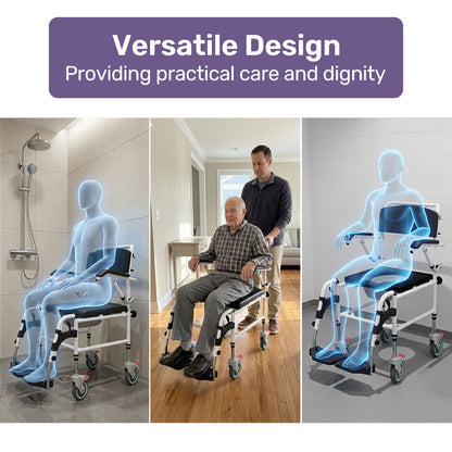 Equipmed Commode Shower Chair, Over Toilet or Bedside 136kg Capacity Aluminium frame with Wheels, Black V219-HELSBSEQCC5A