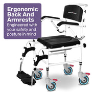 Equipmed Commode Shower Chair, Over Toilet or Bedside 136kg Capacity Aluminium frame with Wheels, Black V219-HELSBSEQCC5A