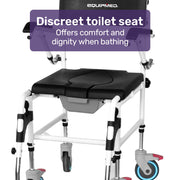 Equipmed Commode Shower Chair, Over Toilet or Bedside 136kg Capacity Aluminium frame with Wheels, Black V219-HELSBSEQCC5A