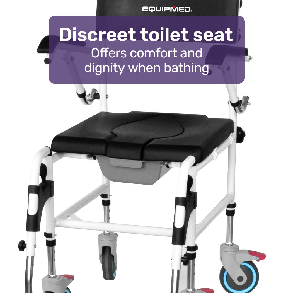 Equipmed Commode Shower Chair, Over Toilet or Bedside 136kg Capacity Aluminium frame with Wheels, Black V219-HELSBSEQCC5A